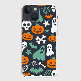 Чехол для iPhone 13 mini с принтом Halloween в Екатеринбурге,  |  | звёзды | кости | летучие мыши | листья | привидения | тыквы