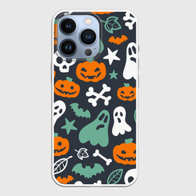 Чехол для iPhone 13 Pro с принтом Halloween в Екатеринбурге,  |  | звёзды | кости | летучие мыши | листья | привидения | тыквы