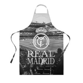 Фартук 3D с принтом REAL MADRID bw в Екатеринбурге, 100% полиэстер | общий размер — 65 х 85 см, ширина нагрудника — 26 см, горловина — 53 см, длина завязок — 54 см, общий обхват в поясе — 173 см. Принт на завязках и на горловине наносится с двух сторон, на основной части фартука — только с внешней стороны | real madrid