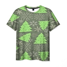 Мужская футболка 3D с принтом Зелёные ёлочки в Екатеринбурге, 100% полиэфир | прямой крой, круглый вырез горловины, длина до линии бедер | new year | santa | дед мороз | елка | елочки | новогодний | новый год | рождество | сантаклаус | снег | снежинки