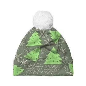 Шапка 3D c помпоном с принтом Зелёные ёлочки в Екатеринбурге, 100% полиэстер | универсальный размер, печать по всей поверхности изделия | new year | santa | дед мороз | елка | елочки | новогодний | новый год | рождество | сантаклаус | снег | снежинки