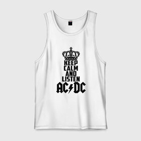 Мужская майка хлопок с принтом Keep calm and listen AC/DC в Екатеринбурге, 100% хлопок |  | Тематика изображения на принте: ac dc | acdc | австралийская | альбом | ангус янг | блюз рок | гитара | головы | группа | крис слэйд | музыканты | надпись | певцы | рок | рок н ролл | стиви янг | хард рок | эксл роуз