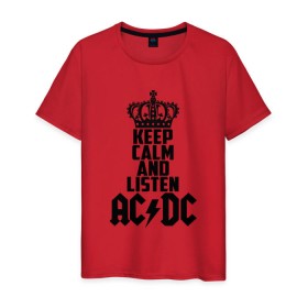 Мужская футболка хлопок с принтом Keep calm and listen AC/DC в Екатеринбурге, 100% хлопок | прямой крой, круглый вырез горловины, длина до линии бедер, слегка спущенное плечо. | Тематика изображения на принте: ac dc | acdc | австралийская | альбом | ангус янг | блюз рок | гитара | головы | группа | крис слэйд | музыканты | надпись | певцы | рок | рок н ролл | стиви янг | хард рок | эксл роуз