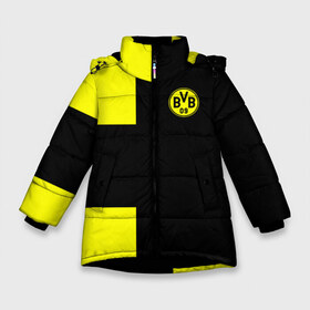 Зимняя куртка для девочек 3D с принтом FC Borussia Dortmund Black в Екатеринбурге, ткань верха — 100% полиэстер; подклад — 100% полиэстер, утеплитель — 100% полиэстер. | длина ниже бедра, удлиненная спинка, воротник стойка и отстегивающийся капюшон. Есть боковые карманы с листочкой на кнопках, утяжки по низу изделия и внутренний карман на молнии. 

Предусмотрены светоотражающий принт на спинке, радужный светоотражающий элемент на пуллере молнии и на резинке для утяжки. | боруссия | дортмунд