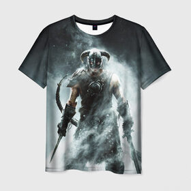 Мужская футболка 3D с принтом Skyrim в Екатеринбурге, 100% полиэфир | прямой крой, круглый вырез горловины, длина до линии бедер | elder scrolls | дракон | игра | свитки | скайрим
