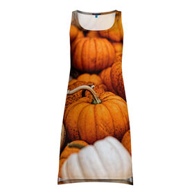 Платье-майка 3D с принтом тыквы в Екатеринбурге, 100% полиэстер | полуприлегающий силуэт, широкие бретели, круглый вырез горловины, удлиненный подол сзади. | halloween | дача | овощи | октябрь | оранжевый | осень | сентябрь | тыква | хеллуин