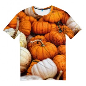 Мужская футболка 3D с принтом тыквы в Екатеринбурге, 100% полиэфир | прямой крой, круглый вырез горловины, длина до линии бедер | Тематика изображения на принте: halloween | дача | овощи | октябрь | оранжевый | осень | сентябрь | тыква | хеллуин