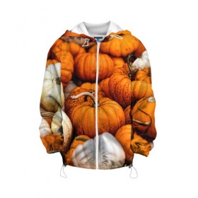 Детская куртка 3D с принтом тыквы в Екатеринбурге, 100% полиэстер | застежка — молния, подол и капюшон оформлены резинкой с фиксаторами, по бокам — два кармана без застежек, один потайной карман на груди, плотность верхнего слоя — 90 г/м2; плотность флисового подклада — 260 г/м2 | halloween | дача | овощи | октябрь | оранжевый | осень | сентябрь | тыква | хеллуин