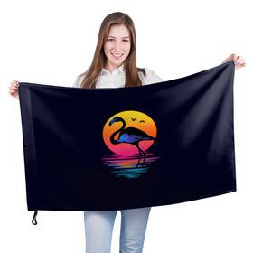 Флаг 3D с принтом Фламинго дитя заката в Екатеринбурге, 100% полиэстер | плотность ткани — 95 г/м2, размер — 67 х 109 см. Принт наносится с одной стороны | закат | море | птица | ретро | стиль | фламинго