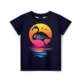 Детская футболка 3D с принтом Фламинго дитя заката в Екатеринбурге, 100% гипоаллергенный полиэфир | прямой крой, круглый вырез горловины, длина до линии бедер, чуть спущенное плечо, ткань немного тянется | закат | море | птица | ретро | стиль | фламинго