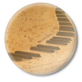 Значок с принтом Клавиши пианино в Екатеринбурге,  металл | круглая форма, металлическая застежка в виде булавки | Тематика изображения на принте: для | до | клавиши | ля | мелодия | ми | музыка | музыканта | ноты | оркестр | пианино | подарок | ре | рояль | си | соль | стан | фа