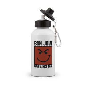 Бутылка спортивная с принтом Bon Jovi, have a nice day в Екатеринбурге, металл | емкость — 500 мл, в комплекте две пластиковые крышки и карабин для крепления | Тематика изображения на принте: bon jovi | бон | бон джови | глэм | группа | джови | джон | метал | рок | хард