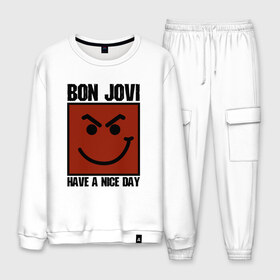 Мужской костюм хлопок с принтом Bon Jovi have a nice day в Екатеринбурге, 100% хлопок | на свитшоте круглая горловина, мягкая резинка по низу. Брюки заужены к низу, на них два вида карманов: два “обычных” по бокам и два объемных, с клапанами, расположенные ниже линии бедра. Брюки с мягкой трикотажной резинкой на поясе и по низу штанин. В поясе для дополнительного комфорта — широкие завязки | Тематика изображения на принте: bon jovi | бон | бон джови | глэм | группа | джови | джон | метал | рок | хард