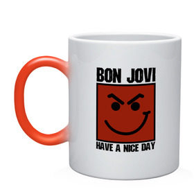 Кружка хамелеон с принтом Bon Jovi, have a nice day в Екатеринбурге, керамика | меняет цвет при нагревании, емкость 330 мл | Тематика изображения на принте: bon jovi | бон | бон джови | глэм | группа | джови | джон | метал | рок | хард