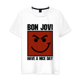 Мужская футболка хлопок с принтом Bon Jovi, have a nice day в Екатеринбурге, 100% хлопок | прямой крой, круглый вырез горловины, длина до линии бедер, слегка спущенное плечо. | bon jovi | бон | бон джови | глэм | группа | джови | джон | метал | рок | хард