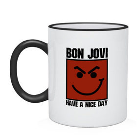 Кружка двухцветная с принтом Bon Jovi, have a nice day в Екатеринбурге, керамика | объем — 330 мл, диаметр — 80 мм. Цветная ручка и кайма сверху, в некоторых цветах — вся внутренняя часть | Тематика изображения на принте: bon jovi | бон | бон джови | глэм | группа | джови | джон | метал | рок | хард