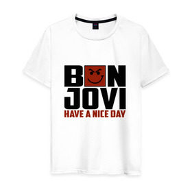 Мужская футболка хлопок с принтом Bon Jovi, have a nice day в Екатеринбурге, 100% хлопок | прямой крой, круглый вырез горловины, длина до линии бедер, слегка спущенное плечо. | bon jovi | бон | бон джови | глэм | группа | джови | джон | метал | рок | хард