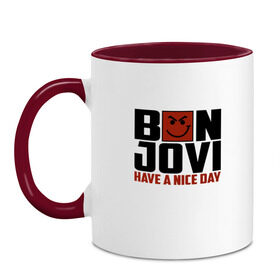 Кружка двухцветная с принтом Bon Jovi, have a nice day в Екатеринбурге, керамика | объем — 330 мл, диаметр — 80 мм. Цветная ручка и кайма сверху, в некоторых цветах — вся внутренняя часть | Тематика изображения на принте: bon jovi | бон | бон джови | глэм | группа | джови | джон | метал | рок | хард