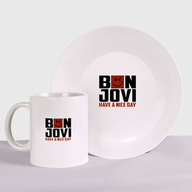 Набор: тарелка + кружка с принтом Bon Jovi, have a nice day в Екатеринбурге, керамика | Кружка: объем — 330 мл, диаметр — 80 мм. Принт наносится на бока кружки, можно сделать два разных изображения. 
Тарелка: диаметр - 210 мм, диаметр для нанесения принта - 120 мм. | Тематика изображения на принте: bon jovi | бон | бон джови | глэм | группа | джови | джон | метал | рок | хард