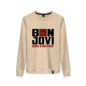 Женский свитшот хлопок с принтом Bon Jovi, have a nice day в Екатеринбурге, 100% хлопок | прямой крой, круглый вырез, на манжетах и по низу широкая трикотажная резинка  | bon jovi | бон | бон джови | глэм | группа | джови | джон | метал | рок | хард
