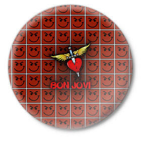 Значок с принтом Смайлы Bon Jovi в Екатеринбурге,  металл | круглая форма, металлическая застежка в виде булавки | Тематика изображения на принте: bon jovi | бон | бон джови | глэм | группа | джови | джон | рок | хард