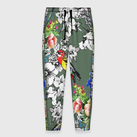 Мужские брюки 3D с принтом Райский остров в Екатеринбурге, 100% полиэстер | манжеты по низу, эластичный пояс регулируется шнурком, по бокам два кармана без застежек, внутренняя часть кармана из мелкой сетки | арт | краска | попугаи | попугай | прикольные | рай | тропики | цветные | цветок | цветы