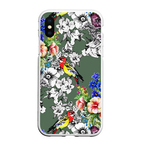 Чехол для iPhone XS Max матовый с принтом Райский остров в Екатеринбурге, Силикон | Область печати: задняя сторона чехла, без боковых панелей | арт | краска | попугаи | попугай | прикольные | рай | тропики | цветные | цветок | цветы