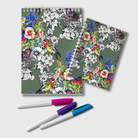 Блокнот с принтом Райский остров в Екатеринбурге, 100% бумага | 48 листов, плотность листов — 60 г/м2, плотность картонной обложки — 250 г/м2. Листы скреплены удобной пружинной спиралью. Цвет линий — светло-серый
 | арт | краска | попугаи | попугай | прикольные | рай | тропики | цветные | цветок | цветы