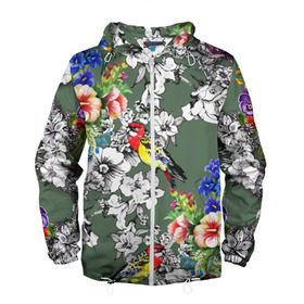 Мужская ветровка 3D с принтом Райский остров в Екатеринбурге, 100% полиэстер | подол и капюшон оформлены резинкой с фиксаторами, два кармана без застежек по бокам, один потайной карман на груди | арт | краска | попугаи | попугай | прикольные | рай | тропики | цветные | цветок | цветы