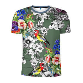 Мужская футболка 3D спортивная с принтом Райский остров в Екатеринбурге, 100% полиэстер с улучшенными характеристиками | приталенный силуэт, круглая горловина, широкие плечи, сужается к линии бедра | арт | краска | попугаи | попугай | прикольные | рай | тропики | цветные | цветок | цветы