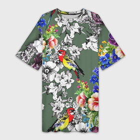 Платье-футболка 3D с принтом Райский остров в Екатеринбурге,  |  | арт | краска | попугаи | попугай | прикольные | рай | тропики | цветные | цветок | цветы