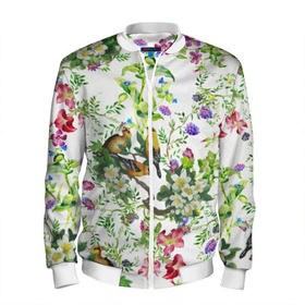 Мужской бомбер 3D с принтом Райский остров в Екатеринбурге, 100% полиэстер | застегивается на молнию, по бокам два кармана без застежек, по низу бомбера и на воротнике - эластичная резинка | арт | краска | попугаи | попугай | прикольные | рай | тропики | цветные | цветок | цветы