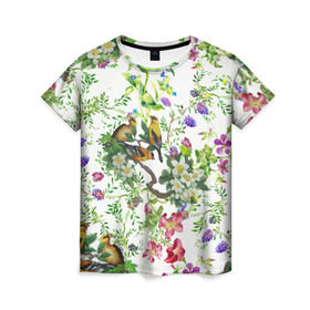 Женская футболка 3D с принтом Райский остров в Екатеринбурге, 100% полиэфир ( синтетическое хлопкоподобное полотно) | прямой крой, круглый вырез горловины, длина до линии бедер | арт | краска | попугаи | попугай | прикольные | рай | тропики | цветные | цветок | цветы