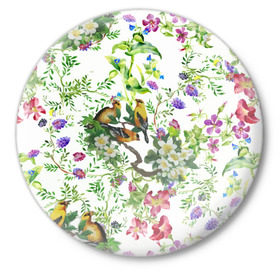Значок с принтом Райский остров в Екатеринбурге,  металл | круглая форма, металлическая застежка в виде булавки | арт | краска | попугаи | попугай | прикольные | рай | тропики | цветные | цветок | цветы