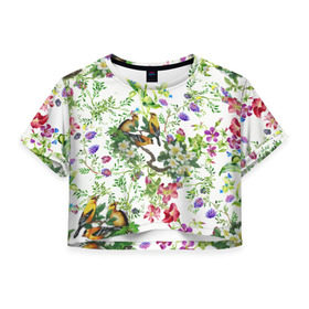 Женская футболка 3D укороченная с принтом Райский остров в Екатеринбурге, 100% полиэстер | круглая горловина, длина футболки до линии талии, рукава с отворотами | арт | краска | попугаи | попугай | прикольные | рай | тропики | цветные | цветок | цветы