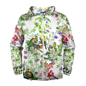 Мужская ветровка 3D с принтом Райский остров в Екатеринбурге, 100% полиэстер | подол и капюшон оформлены резинкой с фиксаторами, два кармана без застежек по бокам, один потайной карман на груди | арт | краска | попугаи | попугай | прикольные | рай | тропики | цветные | цветок | цветы