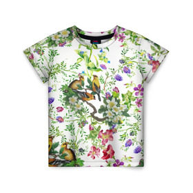Детская футболка 3D с принтом Райский остров в Екатеринбурге, 100% гипоаллергенный полиэфир | прямой крой, круглый вырез горловины, длина до линии бедер, чуть спущенное плечо, ткань немного тянется | арт | краска | попугаи | попугай | прикольные | рай | тропики | цветные | цветок | цветы