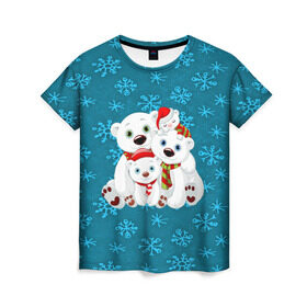 Женская футболка 3D с принтом Новогодние мишки в Екатеринбурге, 100% полиэфир ( синтетическое хлопкоподобное полотно) | прямой крой, круглый вырез горловины, длина до линии бедер | new year | santa | дед мороз | елка | елочки | новогодний | новый год | рождество | сантаклаус | снег | снежинки