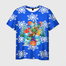 Мужская футболка 3D с принтом Снеговики в Екатеринбурге, 100% полиэфир | прямой крой, круглый вырез горловины, длина до линии бедер | Тематика изображения на принте: christmas | new year | santa | дед мороз | елка | елочки | новогодний | новый год | рождество | сантаклаус | снег | снежинки