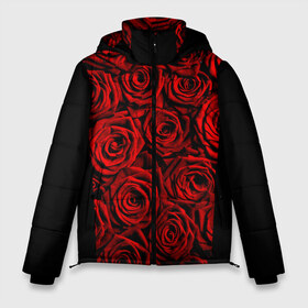 Мужская зимняя куртка 3D с принтом RED ROSES КРАСНЫЕ РОЗЫ в Екатеринбурге, верх — 100% полиэстер; подкладка — 100% полиэстер; утеплитель — 100% полиэстер | длина ниже бедра, свободный силуэт Оверсайз. Есть воротник-стойка, отстегивающийся капюшон и ветрозащитная планка. 

Боковые карманы с листочкой на кнопках и внутренний карман на молнии. | Тематика изображения на принте: букет | красный | лепестки | модные | полосы | природа | растения | розочки | розы | сад | тренды | цвет | цветы | черный