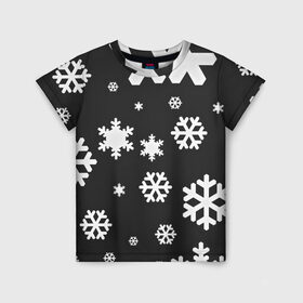 Детская футболка 3D с принтом Снежинки в Екатеринбурге, 100% гипоаллергенный полиэфир | прямой крой, круглый вырез горловины, длина до линии бедер, чуть спущенное плечо, ткань немного тянется | christmas | new year | santa | дед мороз | елка | елочки | новогодний | новый год | рождество | сантаклаус | снег | снежинки