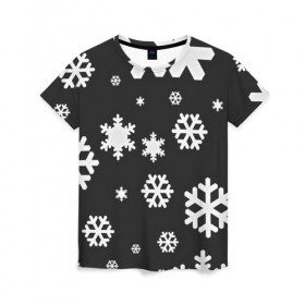Женская футболка 3D с принтом Снежинки в Екатеринбурге, 100% полиэфир ( синтетическое хлопкоподобное полотно) | прямой крой, круглый вырез горловины, длина до линии бедер | christmas | new year | santa | дед мороз | елка | елочки | новогодний | новый год | рождество | сантаклаус | снег | снежинки