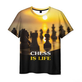 Мужская футболка 3D с принтом Шахматы - это жизнь в Екатеринбурге, 100% полиэфир | прямой крой, круглый вырез горловины, длина до линии бедер | chess | game | sport | гроссмейстер | закат | игра | интеллект | солнце | спорт | фигура | шахматист | шахматы