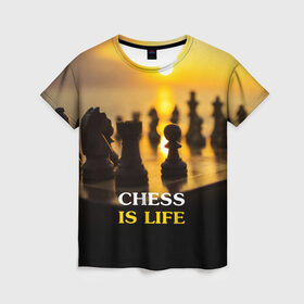 Женская футболка 3D с принтом Шахматы - это жизнь в Екатеринбурге, 100% полиэфир ( синтетическое хлопкоподобное полотно) | прямой крой, круглый вырез горловины, длина до линии бедер | Тематика изображения на принте: chess | game | sport | гроссмейстер | закат | игра | интеллект | солнце | спорт | фигура | шахматист | шахматы