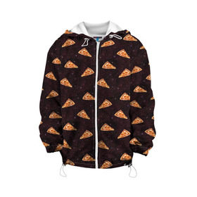 Детская куртка 3D с принтом Galaxy pizza в Екатеринбурге, 100% полиэстер | застежка — молния, подол и капюшон оформлены резинкой с фиксаторами, по бокам — два кармана без застежек, один потайной карман на груди, плотность верхнего слоя — 90 г/м2; плотность флисового подклада — 260 г/м2 | cheese | cosmic | food | galaxy | italy | night | pepperoni | pizza | space | spain | stars | галактика | еда | звезды | испания | италия | космический | космос | ночь | пипперони | пицца | сыр