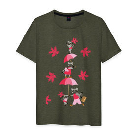 Мужская футболка хлопок с принтом Осень в Екатеринбурге, 100% хлопок | прямой крой, круглый вырез горловины, длина до линии бедер, слегка спущенное плечо. | арт | дождь | еноты | зонт | лист | листья | осень
