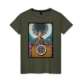 Женская футболка хлопок с принтом Джон Кеннеди в Екатеринбурге, 100% хлопок | прямой крой, круглый вырез горловины, длина до линии бедер, слегка спущенное плечо | apollo | nasa | usa | аполлон | высадка на луну | космическая гонка | луна | лунная программа | наса | президент америки | сша