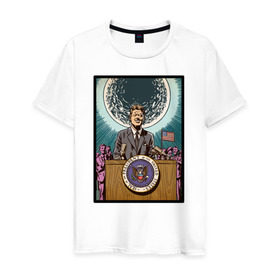 Мужская футболка хлопок с принтом Джон Кеннеди в Екатеринбурге, 100% хлопок | прямой крой, круглый вырез горловины, длина до линии бедер, слегка спущенное плечо. | apollo | nasa | usa | аполлон | высадка на луну | космическая гонка | луна | лунная программа | наса | президент америки | сша
