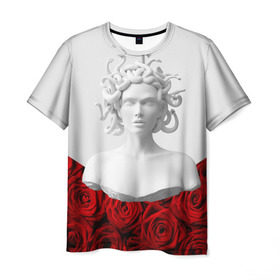 Мужская футболка 3D с принтом Унисекс / Snake roses girl в Екатеринбурге, 100% полиэфир | прямой крой, круглый вырез горловины, длина до линии бедер | букет | веты | красный | лепестки | модные | полосы | природа | растения | розочки | розы | сад | тренды | цвет | черный
