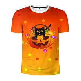 Мужская футболка 3D спортивная с принтом Happy Halloween! в Екатеринбурге, 100% полиэстер с улучшенными характеристиками | приталенный силуэт, круглая горловина, широкие плечи, сужается к линии бедра | 31 октября | cat | halloween | абстракция | арт | животные | звезды | котики | коты | кошки | милые | праздник | тыква | хэллоуин